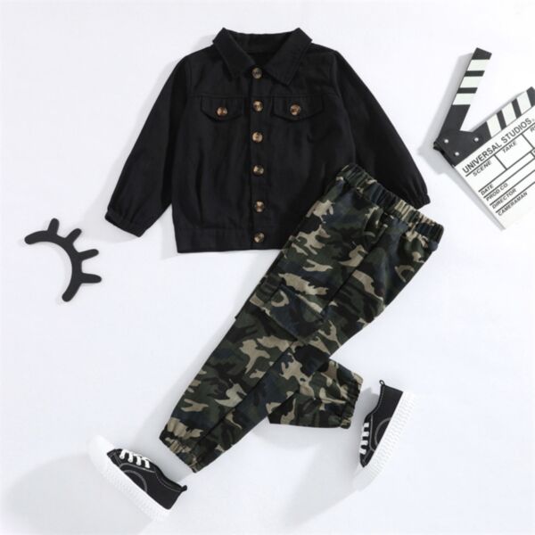 18M-6Y Black Button Long Sleeve Shirt And Camouflage Pants Set Two Pieces Wholesale Kids Boutique Clothing KKHQV492447