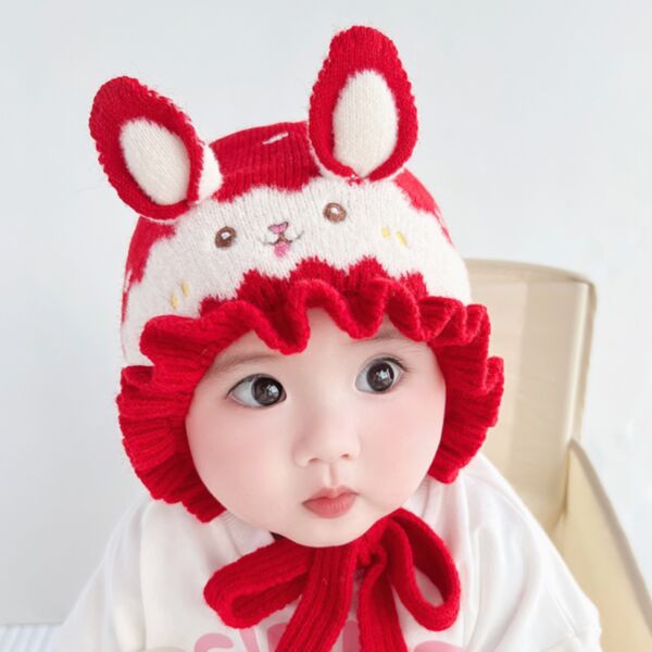 Bunny Rabbit Ear Colorblock Wool Knitwear Hat With String Kid Wholesale Accessories KHV491818