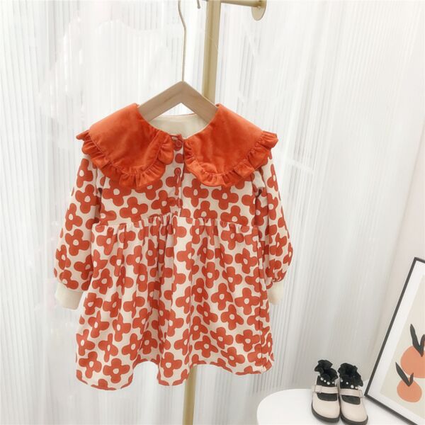 9M-6Y Flower Print Long Sleeve Big Lotus Collar Dress Wholesale Kids Boutique Clothing KKHQV492480