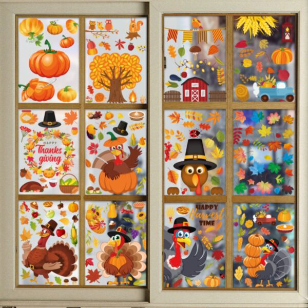 12-pcs Set Thanksgiving Turkey Sticker Pumpkin Maple Leaf Fruit Electrostatic Window Sticker KAV440173