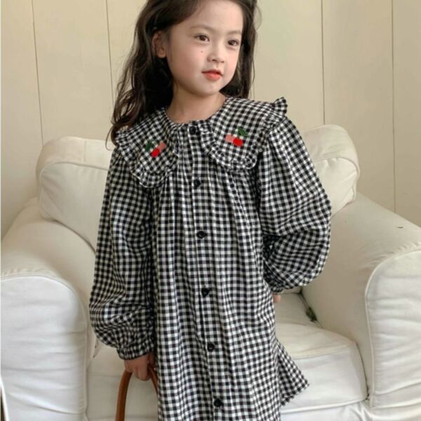 18M-6Y Plaid Cherry Print Long Sleeve Button Dress Wholesale Kids Boutique Clothing KDV492520