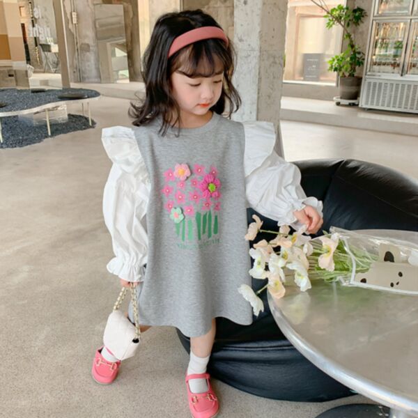 18M-6Y Flying Bubble Sleeve Flower Print Colorblock Dress Wholesale Kids Boutique Clothing KDV492521