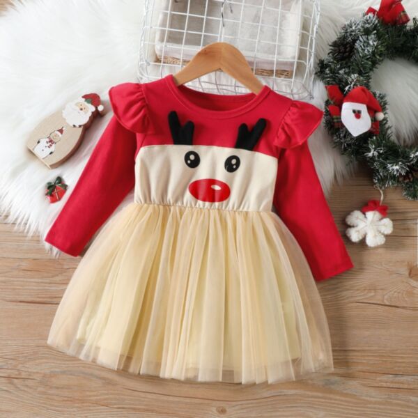 18M-6Y Christmas Deer Face Print Flying Sleeve Mesh Skirt Dress Wholesale Kids Boutique Clothing KDV492473