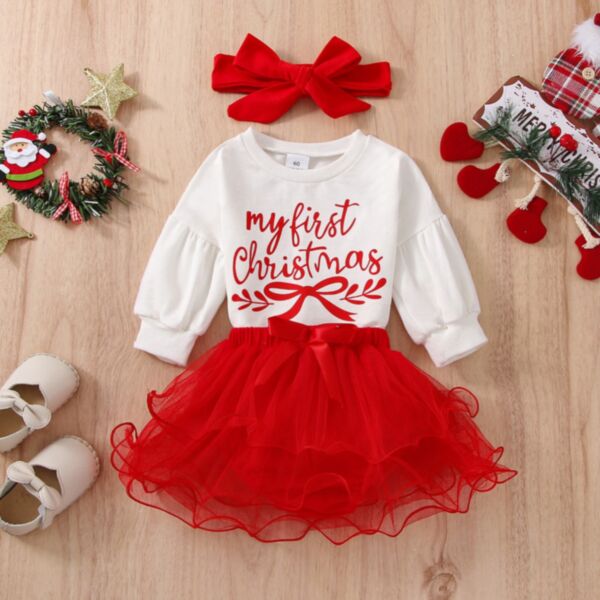 0-18M Merry Christmas Print White Onesies Romper And Mesh Red Skirt Set Baby Wholesale Clothing KSV492471