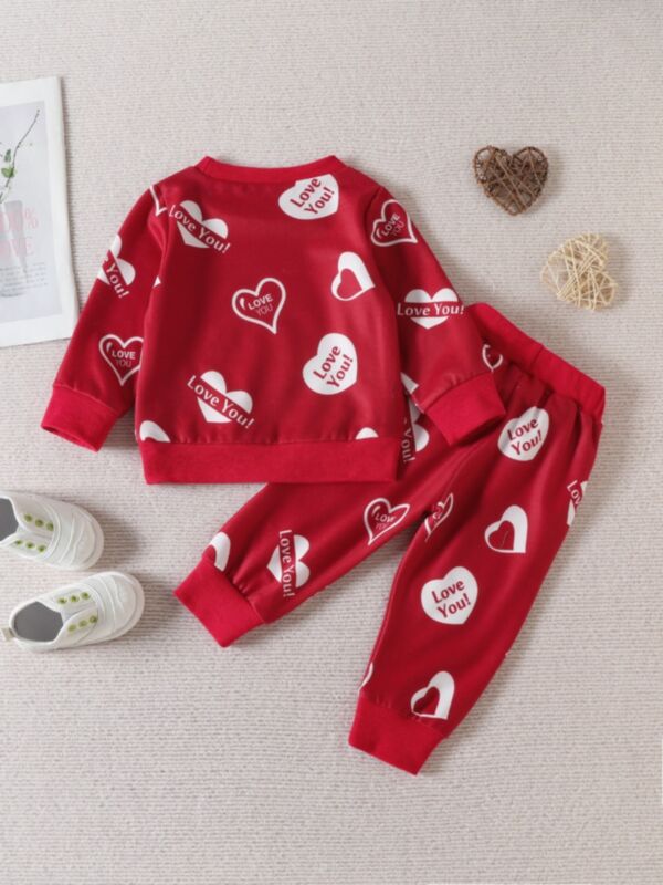 9M-4Y Love Heart Print Long Sleeve Pullover And Pants Set Two Pieces Wholesale Kids Boutique Clothing KSV492469