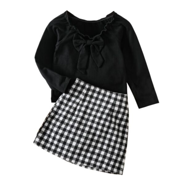 18M-6Y Toddler Girl Sets Long-Sleeved Solid Color Bow Tie A-Line Collar Top And Plaid A-Line Skirt Fashion Girl Wholesale KSV591382