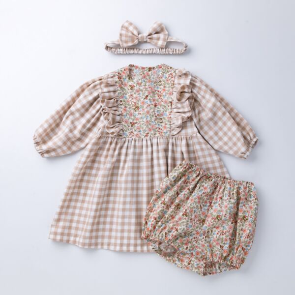 0-24M Baby Girl Sets Long-Sleeved Shredded Plaid Dress And PP Pants And Headband Wholesale Baby Clothes Suppliers KSV591341