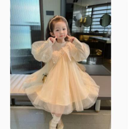 18M-6Y Butterfly Bubble Sleeve Mesh Wide Collar Princess Dress Wholesale Kids Boutique Clothing KKHQV492508