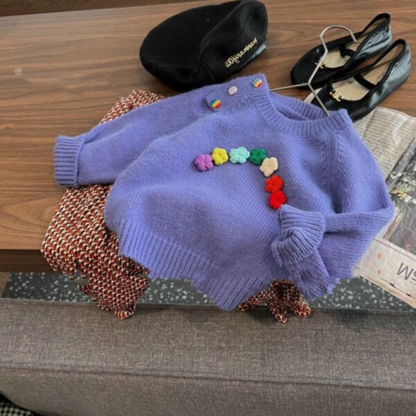 18M-6Y Flower Print Colorful Button Knitwear Solid Color Sweater Wholesale Kids Boutique Clothing KKHQV492524