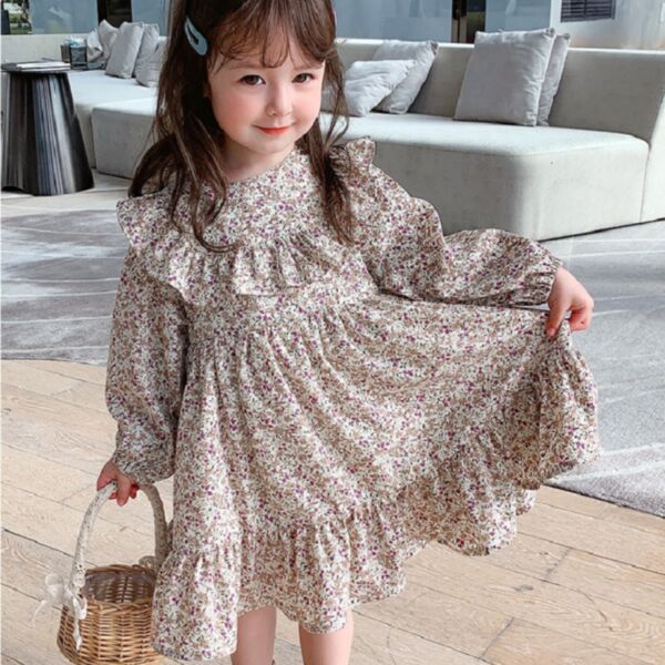 18M-6Y Floral Lotus Collar Bubble Sleeve Long Dress Wholesale Kids Boutique Clothing KDV492523