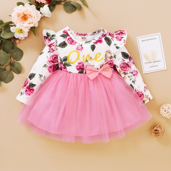 9M-3Y Flower Flying Long Sleeve Bowknot Mesh Skirt Dress Baby Wholesale Clothing KDV492515