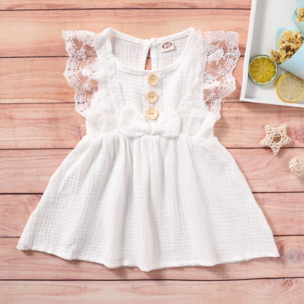 9M-4Y Solid Color Lace Flying Sleeve Button Dress Wholesale Kids Boutique Clothing