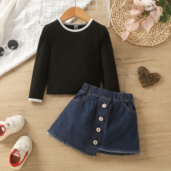 12M-5Y Black Pullover And Denim Skirt Set Two Pieces Wholesale Kids Boutique Clothing KKHQV492530
