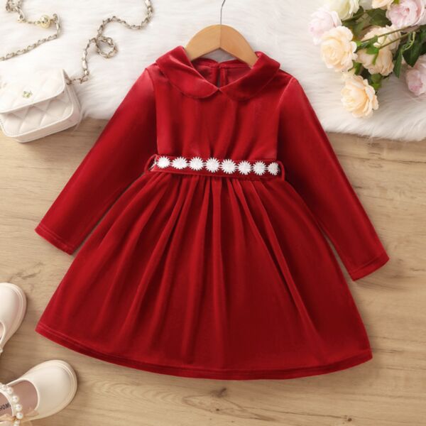 18M-6Y Daisy Belt Red Long Sleeve Dress Wholesale Kids Boutique Clothing KDV492506