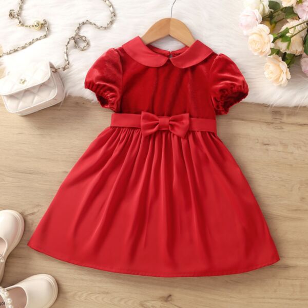 18M-6Y Gold Velvet Red Short Bubble Sleeve Long Dress Wholesale Kids Boutique Clothing KKHQV492504