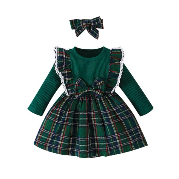 6M-3Y Baby Girl Christmas Long Sleeve Ribbed Patchwork Plaid Bow A-Line Dress And Headband Wholesale Baby Boutique Clothing KDV591414