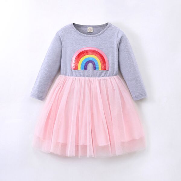 2-7Y Toddler Girl Long-Sleeved Rainbow Beaded Patchwork Mesh Dress Wholesale Little Girl Clothing KDV591395