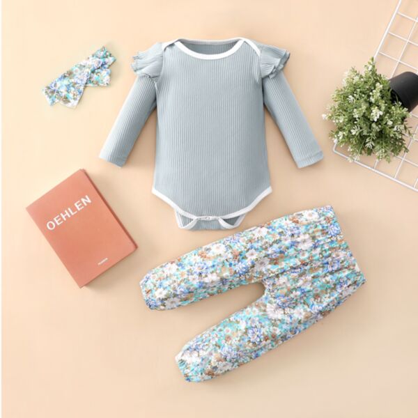0-18M Baby Girl Sets Solid Color Ribbed Long Fly Sleeve Bodysuit And Floral Pants And Headband Bulk Baby Clothes Wholesale KSV591391