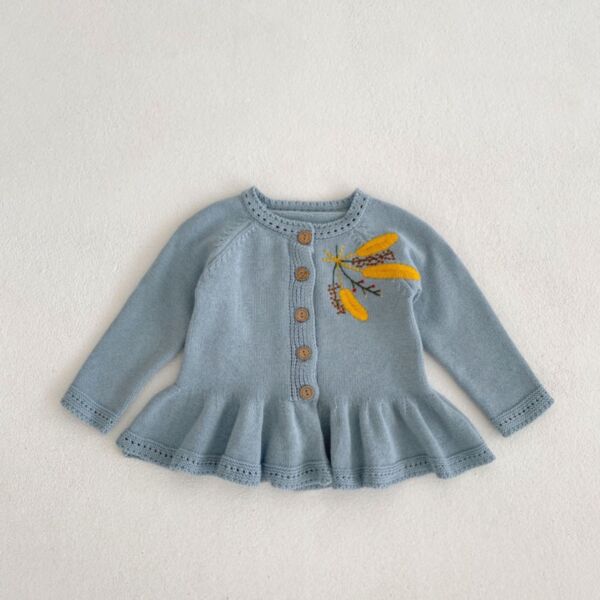 3-24M Baby Girls Lotus Leaf Hem Wheat Ears Embroidered Knitted Sweater Cardigan Wholesale Baby Clothes KCV387951