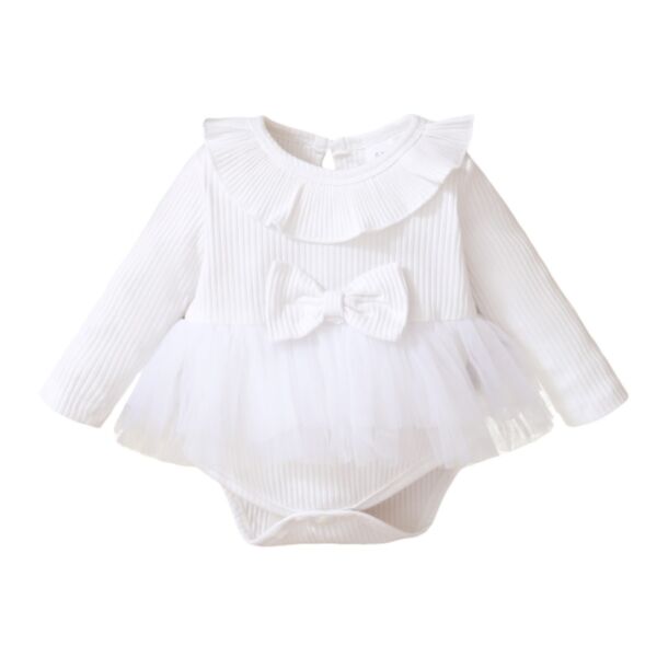 0-18M Baby Girls White Ribbed Long Sleeve Patchwork Mesh Bodysuit Wholesale Baby Clothing KJV387805