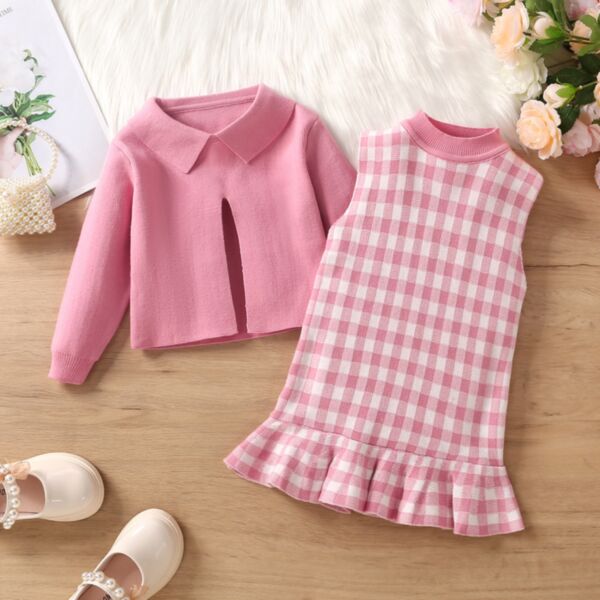 18M-5Y Pink Knitwear Tops And Plaid Sleeveless Dress Set Two Pieces Wholesale Kids Boutique Clothing KKHQV492586