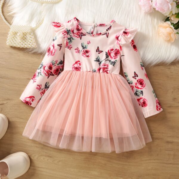 9M-4Y Flower Floral Print Flying Sleeve Mesh Skirt Dress Wholesale Kids Boutique Clothing KDV492585