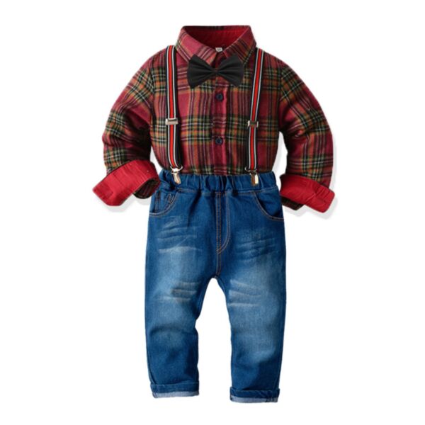 12M-6Y Toddler Boy Suit Sets Long-Sleeved Plaid Single-Breasted Lapel Top And Suspender Jeans Wholesale Toddler Boy Clothes KSV591511