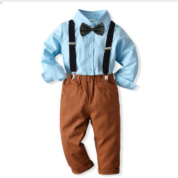 12M-6Y Toddler Boy Suit Sets Solid Color Long Sleeve Single-Breasted Lapel Bow Tie Top And Suspender Pants Wholesale Boys Clothing KSV591512