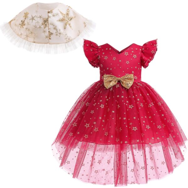 2-10Y Kids Girls Sets Flying Sleeves Stars Sequins Mesh Bow Princess Dress And Button Shawl Wholesale Clothing Kidswear KSV591522