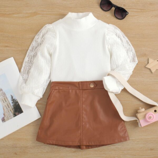 18M-6Y White High Collar Pullover And Brown Skirt Set Two Pieces Wholesale Kids Boutique Clothing KSV492575