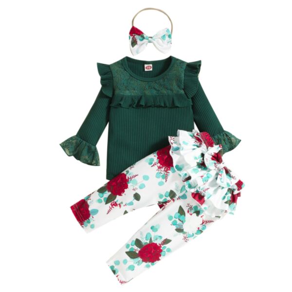 3-18M Lace Flying Fleeve Pullover And Flower Big Bowknot Pants Set Baby Wholesale Clothing