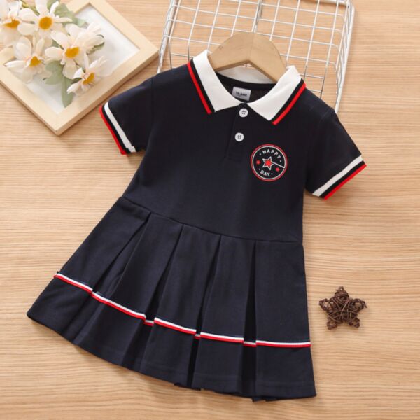 18M-6Y Toddler Girls Navy Polo Collar Pleated Dresses Wholesale Girls Clothes KDV388002