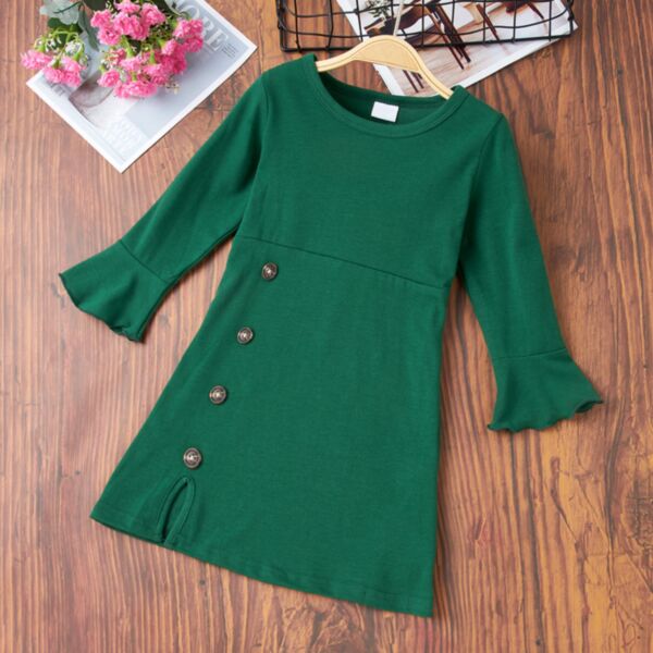 18M-6Y Toddler Girl Solid Color Button Long Sleeve Round Neck Dress Wholesale Girls Clothes KDV591463