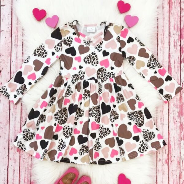 9M-4Y Heart Print Long Sleeve Round Neck Dress Wholesale Kids Boutique Clothing KDV492653
