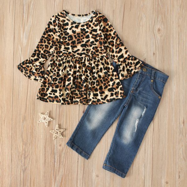 18M-6Y Leopard Print Lotus Sleeve Dress And Jeans Set Two Pieces Wholesale Kids Boutique Clothing KKHQV492655