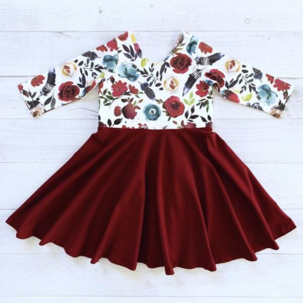 9M-4Y Floral Print V-Neck Solid Color Skirt Dress Wholesale Kids Boutique Clothing KDV492646