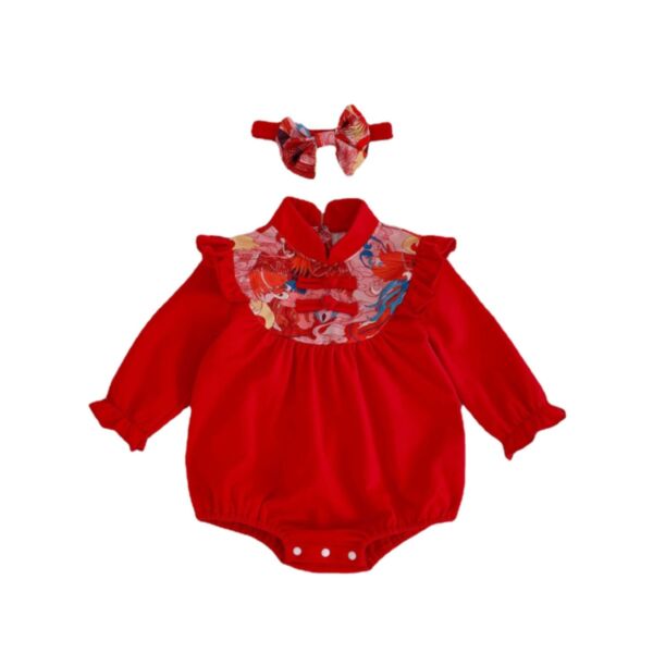 0-18M Baby Girl Onesies Chinese Style Patchwork Flying Sleeve Bodysuit And Headband Wholesale Baby Clothes KJV591489