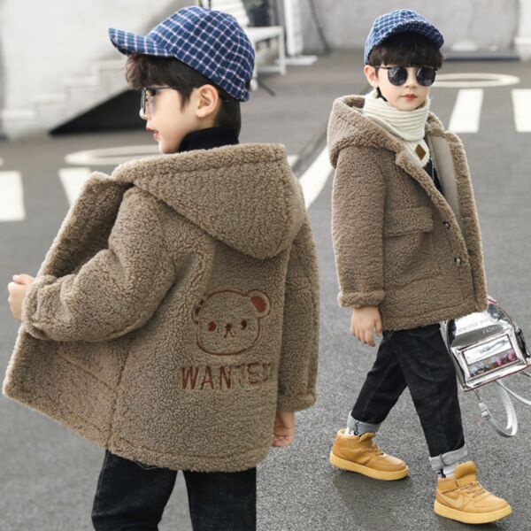 2-12Y Plush Fleece Bear Line Print Thicken Jacket Coat With Hat Wholesale Kids Boutique Clothing KKHQV492438