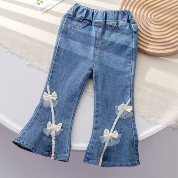 9M-6Y Toddler Girl Solid Color Mesh Bow Denim Flared Pants Wholesale Girls Fashion Clothes KPV591453