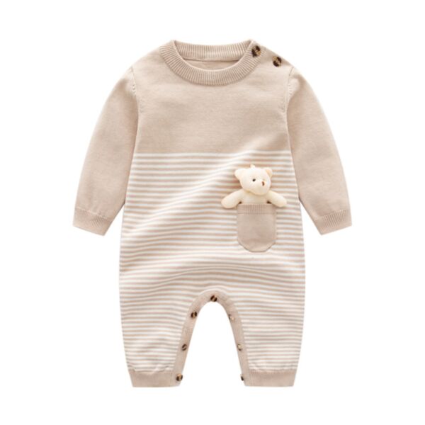 0-18M Bear Doll Striped Long Sleeeve Button Jumpsuit Baby Wholesale Clothing KKHQV492665