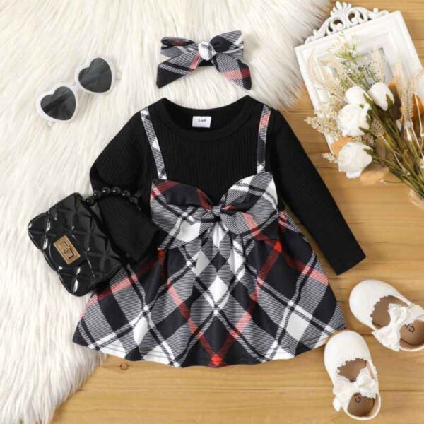 3-24M Baby Girl Long Sleeve Plaid Patchwork Pleated Dress And Headband Wholesale Baby Clothing KDV591588