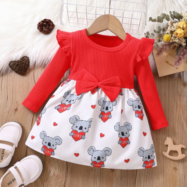 6-24M Baby Girl Valentine'S Day Long-Sleeved Ribbed Cartoon Heart Koala Print Patchwork Dress Wholesale Baby Clothes KDV591595