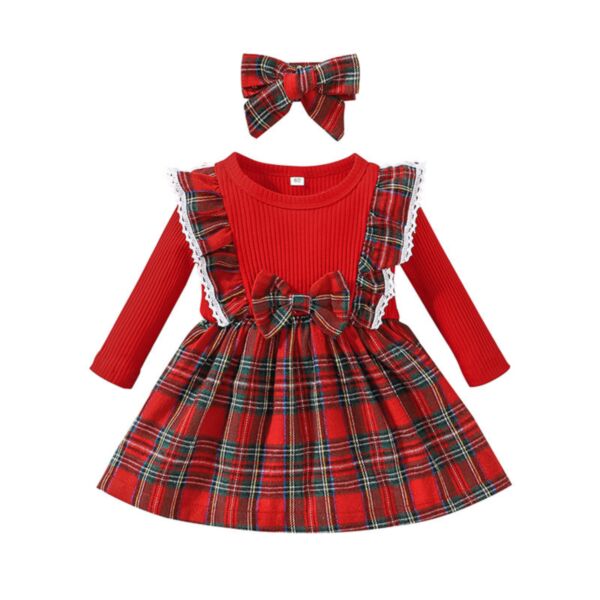 3-24M Baby Girl Long Sleeve Ribbed Patchwork Plaid Pleated Dress And Headband Wholesale Baby Clothing KDV591596