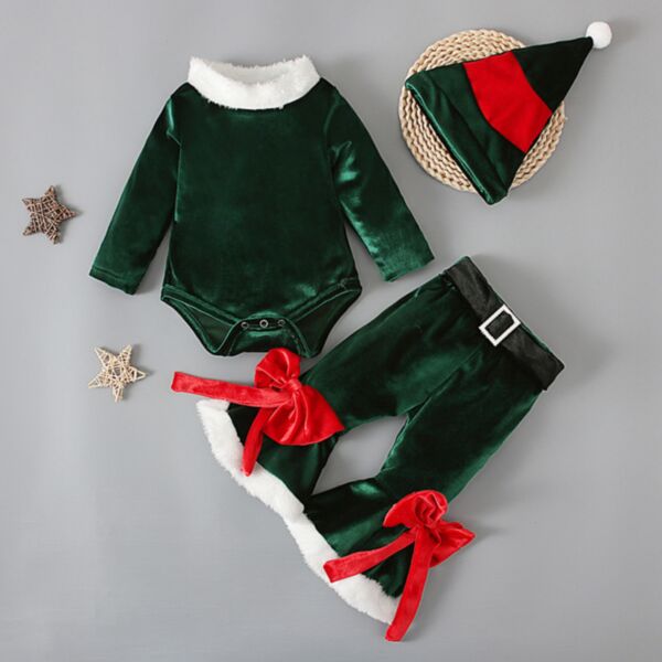 6-24M Christmas Fleece Colorblock Romper And Flares Pants Set Baby Wholesale Clothing KSV492650