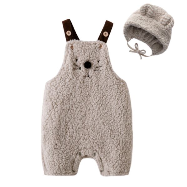 0-24M Cartoon Face Print Suspender Lamb Fleece Thicken Romper Jumpsuit Baby Wholesale Clothing KKHQV492706