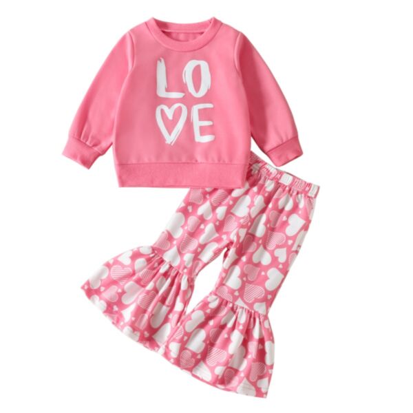 9M-4Y Valentine'S Day Love Print Pullover And Heart Print Flares Trousers Set Wholesale Kids Boutique Clothing KSV492729