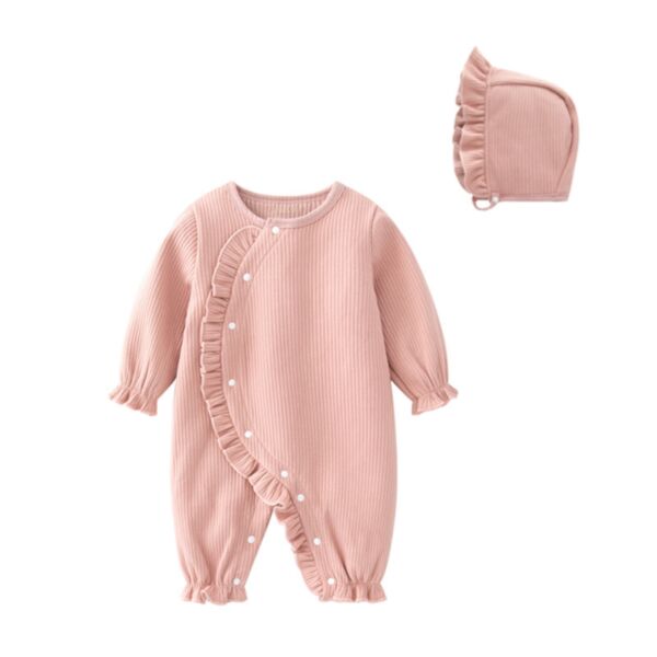 0-12M Baby Girl Onesies Long-Sleeved Solid Color Ribbed Ruffle Diagonal Button Jumpsuit And Hat Wholesale Baby Clothes In Bulk KJV591524