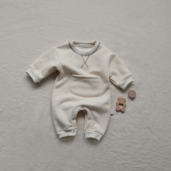 0-18M Fleece Solid Color Pocket Long Sleeve Jumpsuit Baby Wholesale Clothing KJV492677