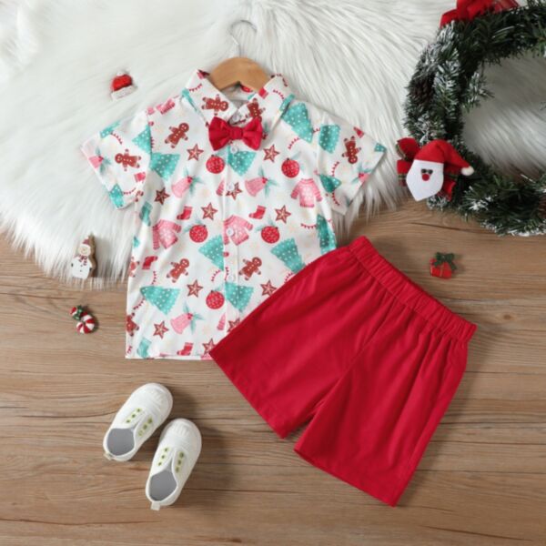 9M-4Y Christmas Print Short Sleeve Shirt And Red Shorts Set Wholesale Kids Boutique Clothing KSV492724