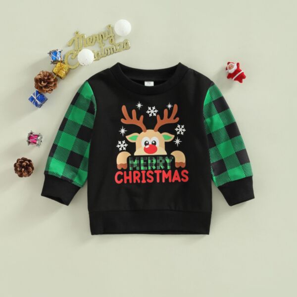 6M-3Y Christmas Deer Letter Print Plaid Long Sleeve Black Pullover Tops Baby Wholesale Clothing KTV492721
